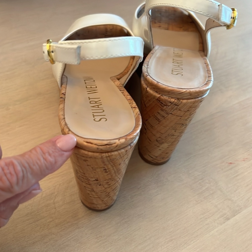 Stuart Weitzman White Patent Slingback Coated Cork Wedge - Picture 9 of 9